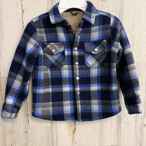 Eddie Bauer Kids 4/5 Plaid Sherpa Fleece Jacket Blue Snap Front Shirt Jacket